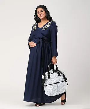 CHARISMOMIC Full Sleeves Luxe Royal Floral Embroidered Maternity And Nursing Wrap Dress- Blue
