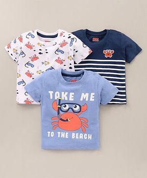 Babyhug Half Sleeves Cotton T-Shirts Multi-Print Pack of 3 - Blue White