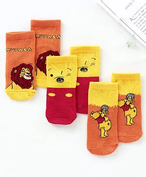 Supersox Ankle Length Cotton Blend Socks Mufasa & Pooh Design Pack of 3 - Yellow Orange Red