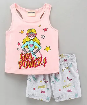 Lazy Bones Sleeveless Tee & Shorts Girl Power Print - Pink