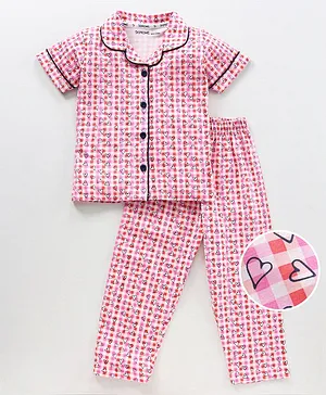 Doreme Half Sleeves Night Suit Heart Print - Pink