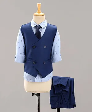 Babyhug Full Sleeves Party Suit Boat Print With Tie - Blue Grey