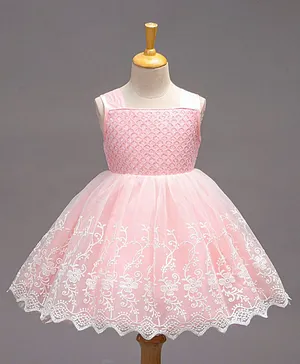 Babyhug Sleeveless Embroidered Party Wear Frock - Pink