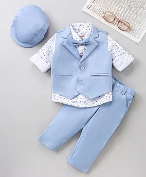 Babyhug Full Sleeves Party Suit with Bow & Cap Floral Print - Light Blue