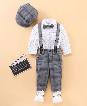 Babyhug Full Sleeves Shirt & Trouser Set with Suspenders Bow & Cap - Grey White