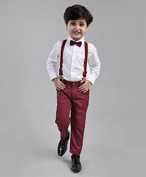 Babyhug Full Sleeves Shirt & Trouser Set with Suspenders & Bow - Red White