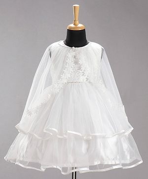 Babyhug Sleeveless Party Wear Embroidered Frock With Cape - White