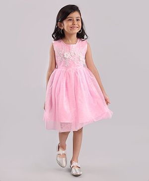 Babyhug Sleeveless Party Wear Frock Floral Embroidery & Applique- Pink