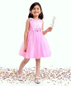 Babyhug Sleeveless Party Wear Frock With Net Detailing & Floral Applique- Pink