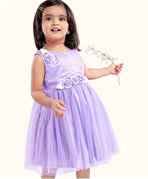 Babyhug Sleeveless Party Wear Frock With Net Detailing & Floral Applique- Purple