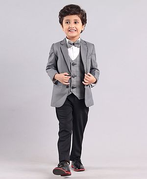 Babyhug Full Sleeves 4 Piece Party Suit With Bow - Grey