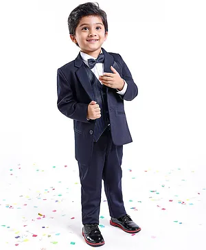 Babyhug Full Sleeves Stretch Fit Party Suit with Waist Coat & Bow - Navy
