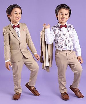 Babyhug Full Sleeves 4 Piece Party Suit With Bow - Cream