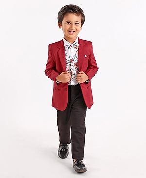 Babyhug Full Sleeves Party Wear Suit with Waistcoat & Bow - Red