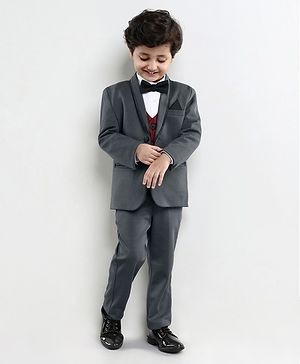 Babyhug Full Sleeves Party Wear Suit with Waistcoat & Bow - Grey