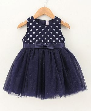 Babyhug Sleeveless Party Knee Length Frock Polka Dot Print - Navy