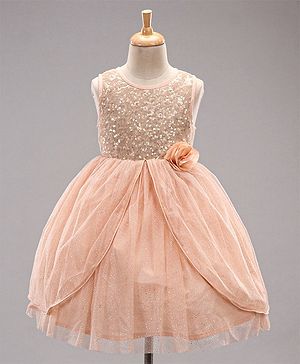 Babyhug Sleeveless Knee Length Sequinned Party Dress - Peach