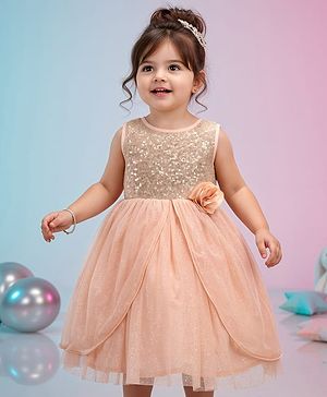 Babyhug Sleeveless Knee Length Sequinned Party Dress - Peach