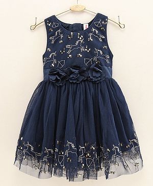 Babyhug Sleeveless Embroidered Party Wear Frock Floral Corsage- Blue
