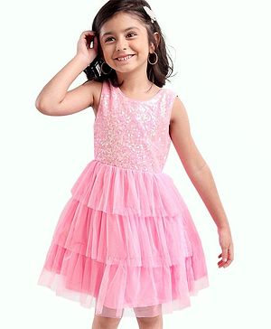 Babyhug Sleeveless Knee Length Solid Color Sequinned Party Dress With Bow Applique - Pink