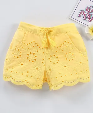 Babyhug Cotton Woven Mid Thigh Shorts Schiflli Design - Yellow