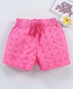 Babyhug Cotton Woven Mid Thigh Shorts Schiflli Design - Pink