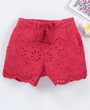 Babyhug Cotton Woven Mid Thigh Shorts Schiflli Design - Red