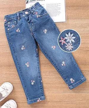 Babyhug Cotton Lycra Full Length Washed Floral Embroidered Denim Jeans - Blue