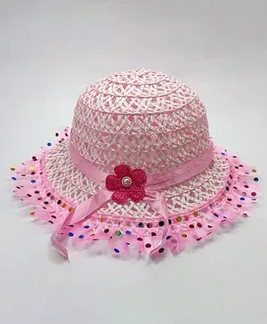 Kid-O-World Straw Hat With Flower Applique - Light Pink
