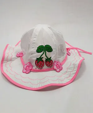 Kid-O-World Strawberry Embroidered And Flower Applique Hat - White