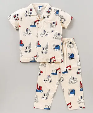Teddy Half Sleeves Pyjama Set Crane Print - Cream