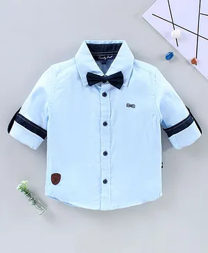 Trendy Cart Full Sleeves Solid Shirt With Bow Tie - Blue