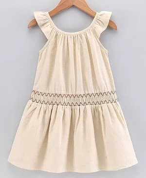Trendy Cart Sleeveless Dobby Embroidered Dress - Beige