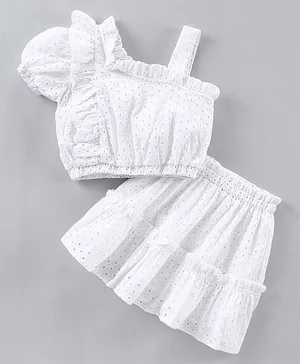 Trendy Cart Sleeveless Schiffli Top & Skirt Set - White