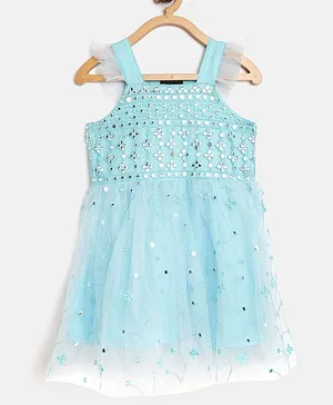 Bella Moda Short Sleeves Mirror Embellished Net Dress - Sky Blue