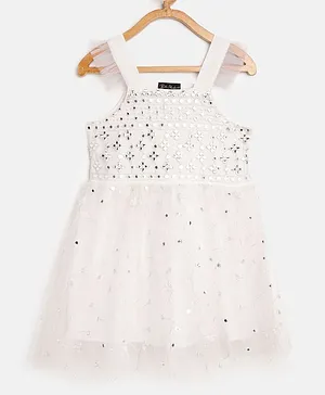 Bella Moda Short Sleeves Mirror Embellished Net Dress - White