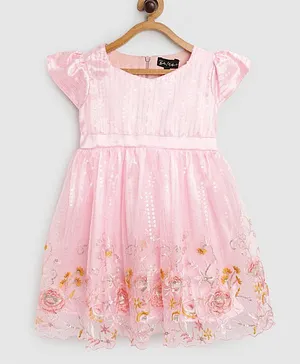 Bella Moda Short Sleeves Sequin Embellished & Floral Embroidery Cut-Work Hem Detailing Print Dress - Pink