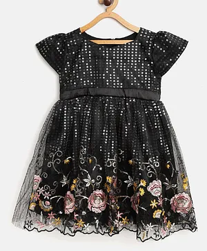 Bella Moda Short Sleeves Sequin Embellished & Floral Embroidery Cut-Work Hem Detailing Print Dress - Black