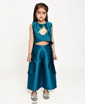 Jelly Jones Sleeveless Culotte & Floral Work Asymmetric Top Set - Turquoise