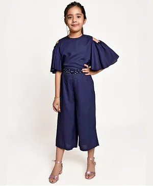 Jelly Jones Half Sleeves Solid Cold Shoulder Top With Polka Dot Embellished Waistband Culotte  - Navy Blue