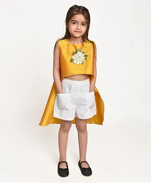 Jelly Jones Sleeveless Asymmetric Flower Embellished Top And  Shorts With Pockets - Yellow