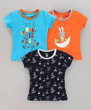 OHMS Half Sleeves T Shirts Mushroom & Rabbit Print Pack of 3 - Blue Black Orange