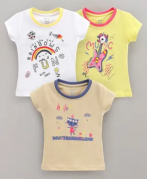 OHMS Half Sleeves T-Shirts Rainbow & Music Print Pack of 3 - White Yellow Brown