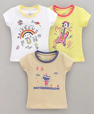 OHMS Half Sleeves T-Shirts Rainbow & Music Print Pack of 3 - White Yellow Brown