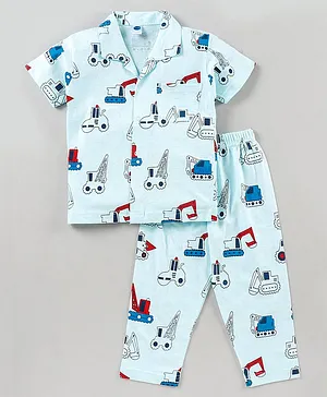 Teddy Half Sleeves Pyjama Set Crane Print - Blue
