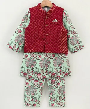 Babyhug Full Sleeves Kurta Pajama Set With Waistcoat Printed - Green