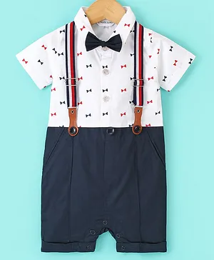Mark & Mia Half Sleeves Romper with Bow & Suspender - Navy Blue
