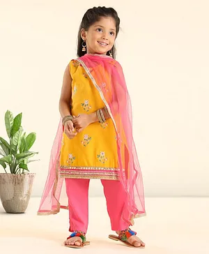 Babyhug Sleeveless Embroidered Kurti Chudidar Set With Dupatta Zari Finish- Yellow Pink