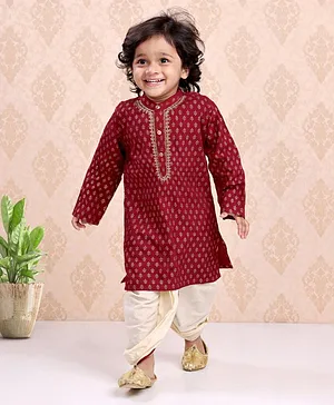 Babyhug Full Sleeves Cotton Zari Hand Block Print Kurta and Dhoti Set - Red