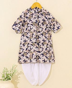 Babhyhug Cotton Woven Full Sleeves Ethnic Printed Kurta & Dhoti Set - Navy